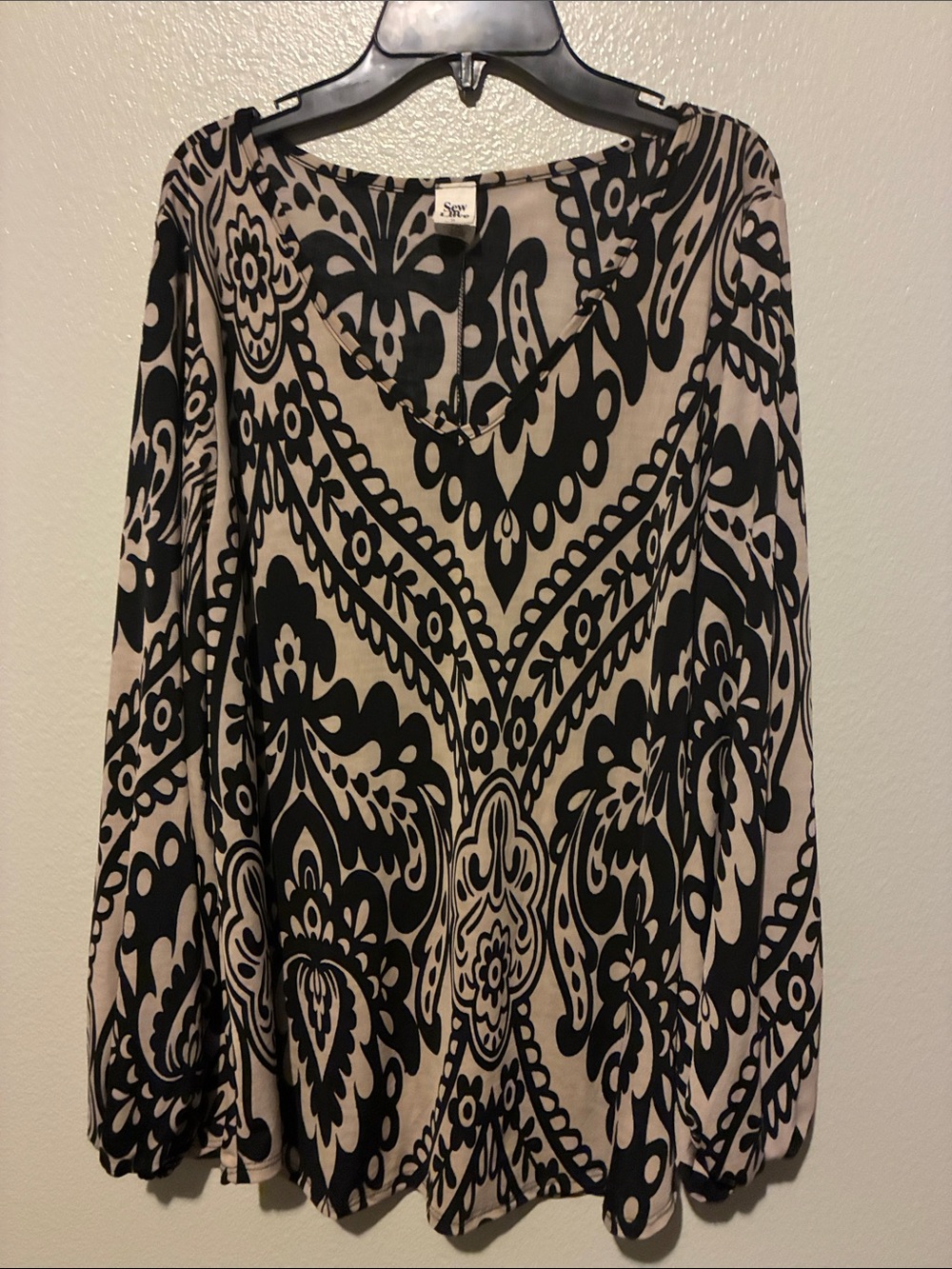 Sew In Love Black & Cream Printed Long Sleeve Blouse